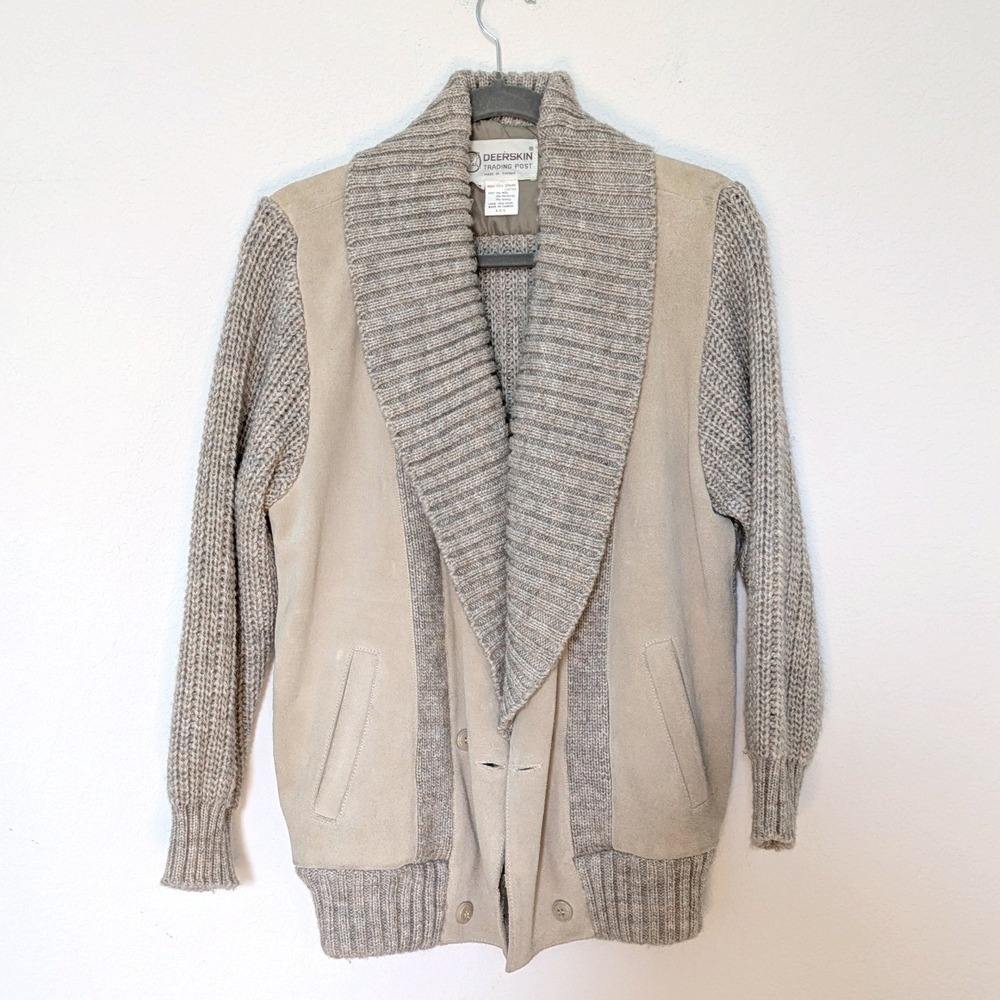 Deerskin Trading Post Leather Knit Cardigan Jacket Mens M Beige Shawl Collar Vtg